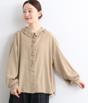ラミーリネンコットンフリル襟ブラウス(ベージュ-F)