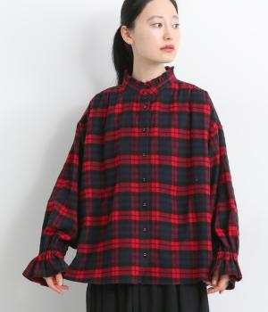 起毛チェック　フリルカラーブラウス