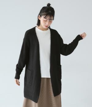 モヘア風ニット　Vネックカーディガン(ブラック-F)