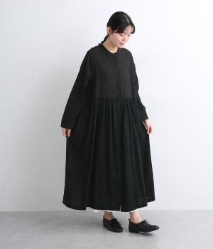 しわコットンローン×ドビードット異素材切替ワンピース(ブラック-ONESIZE)