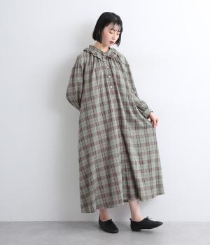 ワッシャーチェックタック襟ワンピース