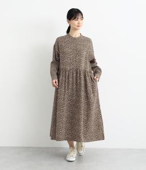 小花柄コットン接結ギャザーワンピース(ブラウン-F)