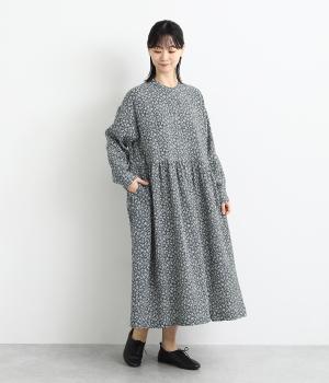 小花柄コットン接結ギャザーワンピース(ネイビー-F)