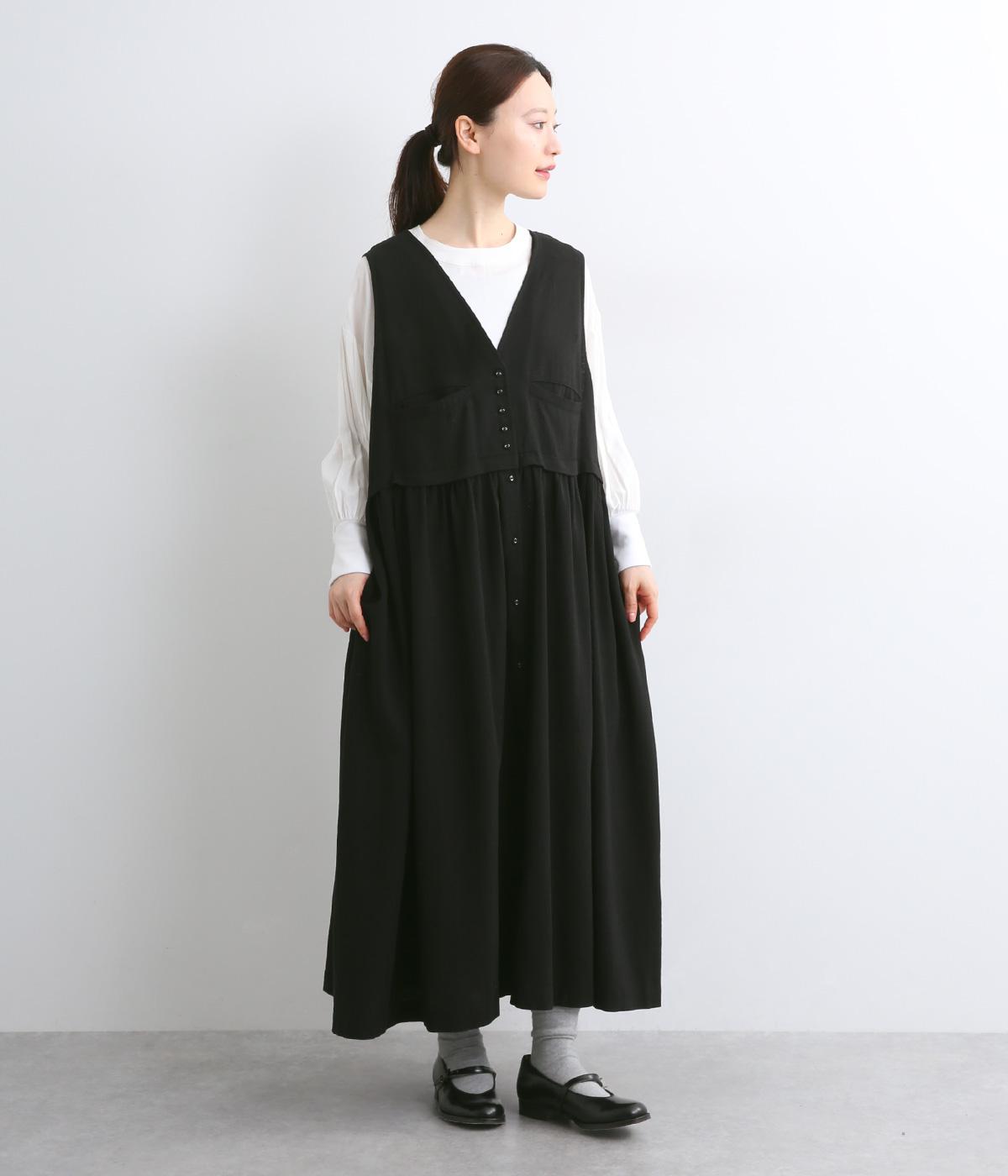 ラミーリネンコットンベストドッキングジャンパースカート(ブラック-F)