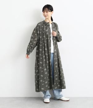 リネン調ポプリンオリーブ柄刺繍ネックギャザーワンピース