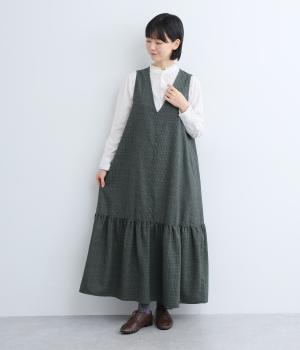 ウール混チドリ　裾ギャザーフレアジャンパースカート(カーキ-F)