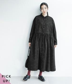 別注｜花柄コーデュロイ　ちび襟ワンピース(ブラック-F)