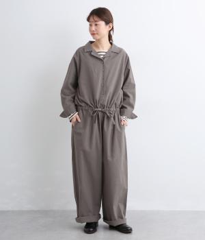 コットンリネン スラブ開襟オールインワン(チャコール-F)