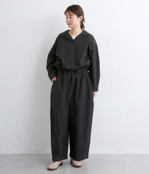 コットンリネン スラブ開襟オールインワン(ブラック-F)