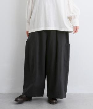 コットンリネンサンドウォッシュ ワイドバルーンパンツ(ブラック-F)