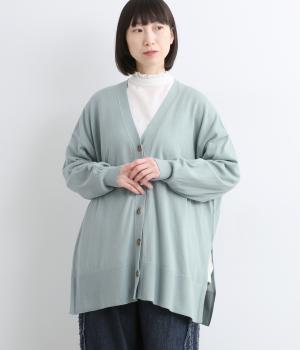 コットンハイゲージニット ワイドカーディガン(ライトブルー-F)