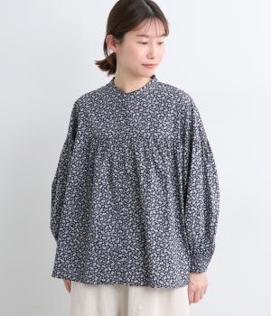 小花柄ギャザーフレアブラウス(ネイビー-F)