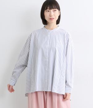コットンリネンストライプ柄切替ブラウス(オフホワイト-F)