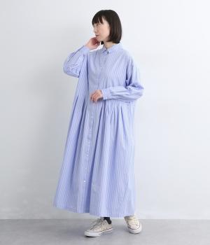 コットンリネンストライプ柄ウエストタックワンピース(ライトブルー-F)