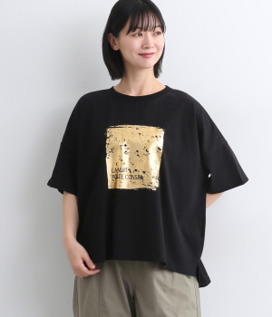LE ESSENTIEL 黒 Tシャツ 新品タグ付き ひんやり接触冷感】綿100％クルーネックロゴプリントドルマン