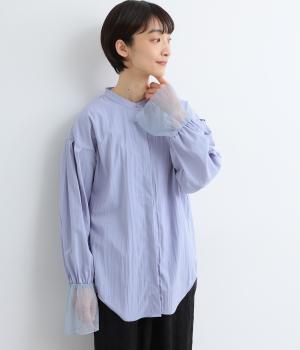 ブロード×ドットチュール袖口フレア切替ヒヨクシャツ長袖