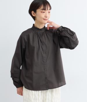ブロード袖タック襟フリルシャツ長袖(チャコール-F)