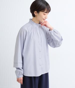 ブロード袖タック襟フリルシャツ長袖(ブルーストライプ-F)