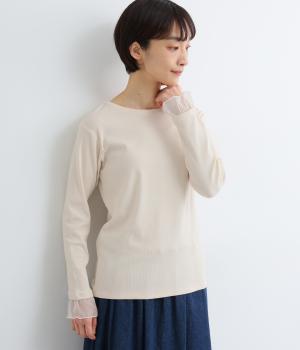 リブテレコドットチュールレース袖口チュールレイヤードTEE長袖