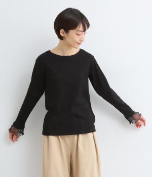 リブテレコドットチュールレース袖口チュールレイヤードTEE長袖(クロ-F)