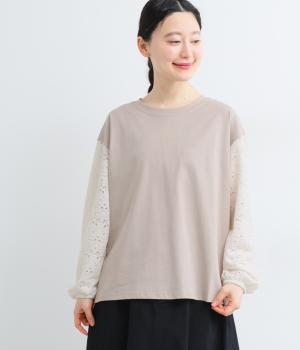 シルケット風天竺×ジャカード風レースニットボリューム袖切替プルオーバー長袖