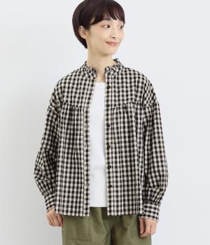 襟フリルボリュームブラウス(オフクロギンガム-F)