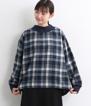 フェイクウールチェック×ニットソードロストヘムプルオーバー(ブルーチェック-F)