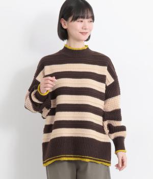 ミックスボーダープルオーバー(ブラウン×ベージュ-F)