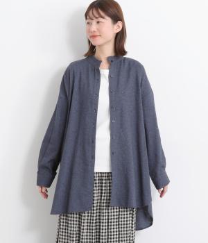 綾織表起毛先染め襟フリルシャツチュニック(ネイビー-F)