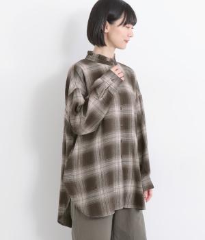綾織表起毛先染め襟フリルシャツチュニック(チャコールブラウンチェック-F)