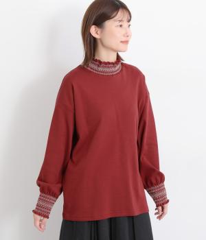 スムース裏起毛スモッキング刺繍プルオーバー(ボルドー-F)