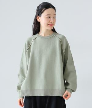 スエットライクニット　配色袖ロゴプルオーバー(セージグリーン-F)