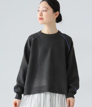 スエットライクニット　配色袖ロゴプルオーバー(杢チャコール-F)