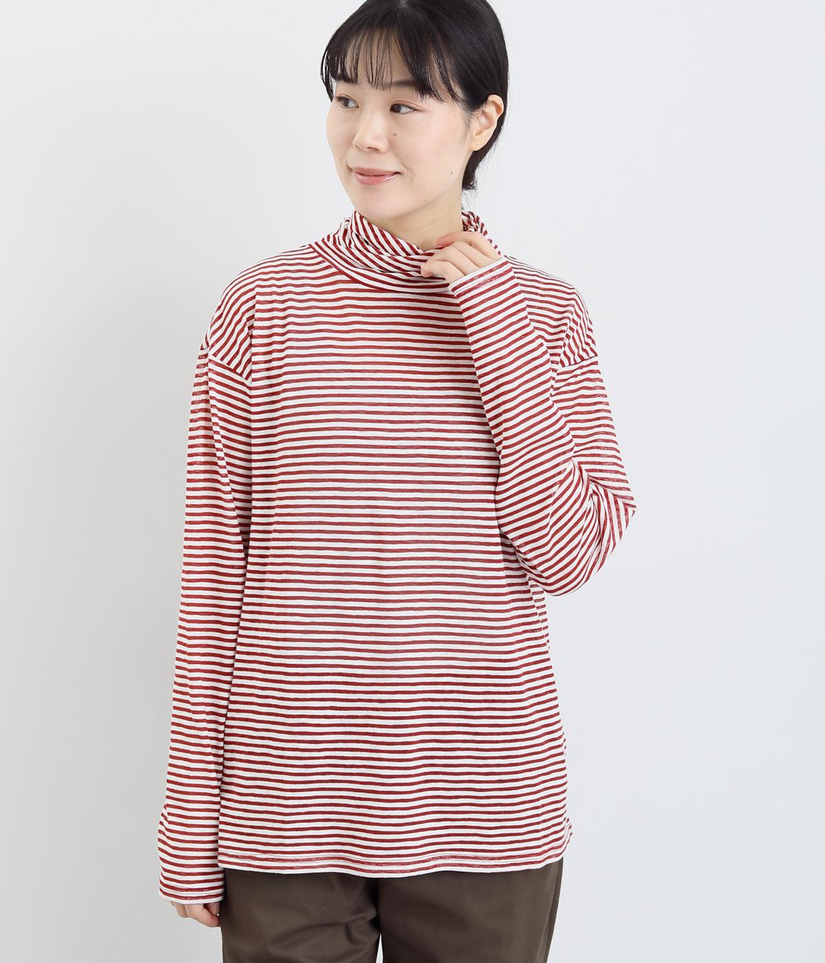 シアーボーダーフライスねじれクシュクシュタートルネック(白×レンガ-F)