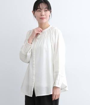 コットンリネンキャンブリックはしごレース×ピンタック比翼ブラウス(オフ-L)