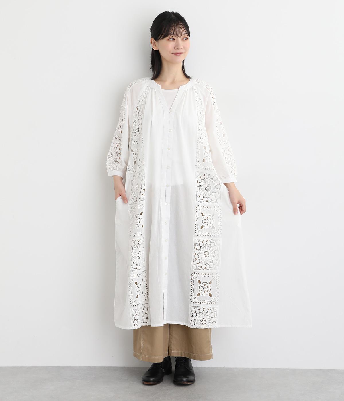 コットンローン刺繍パッチワークワンピース(ホワイト-L)