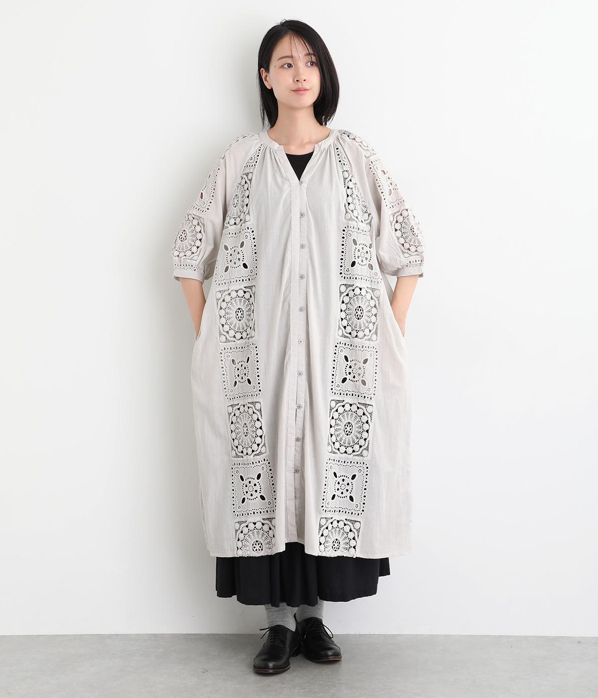 コットンローン刺繍パッチワークワンピース(グレー-L)