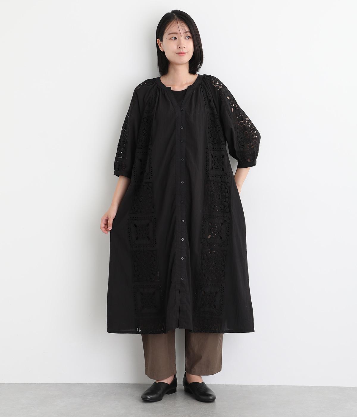 コットンローン刺繍パッチワークワンピース(ブラック-L)