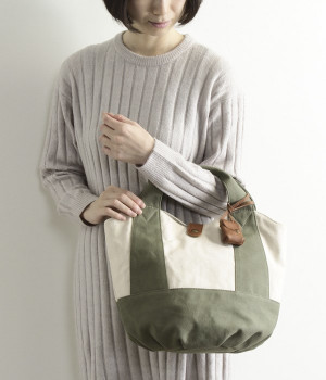 キャンバスコンビ×牛革丸底トート(カーキ-ONESIZE)