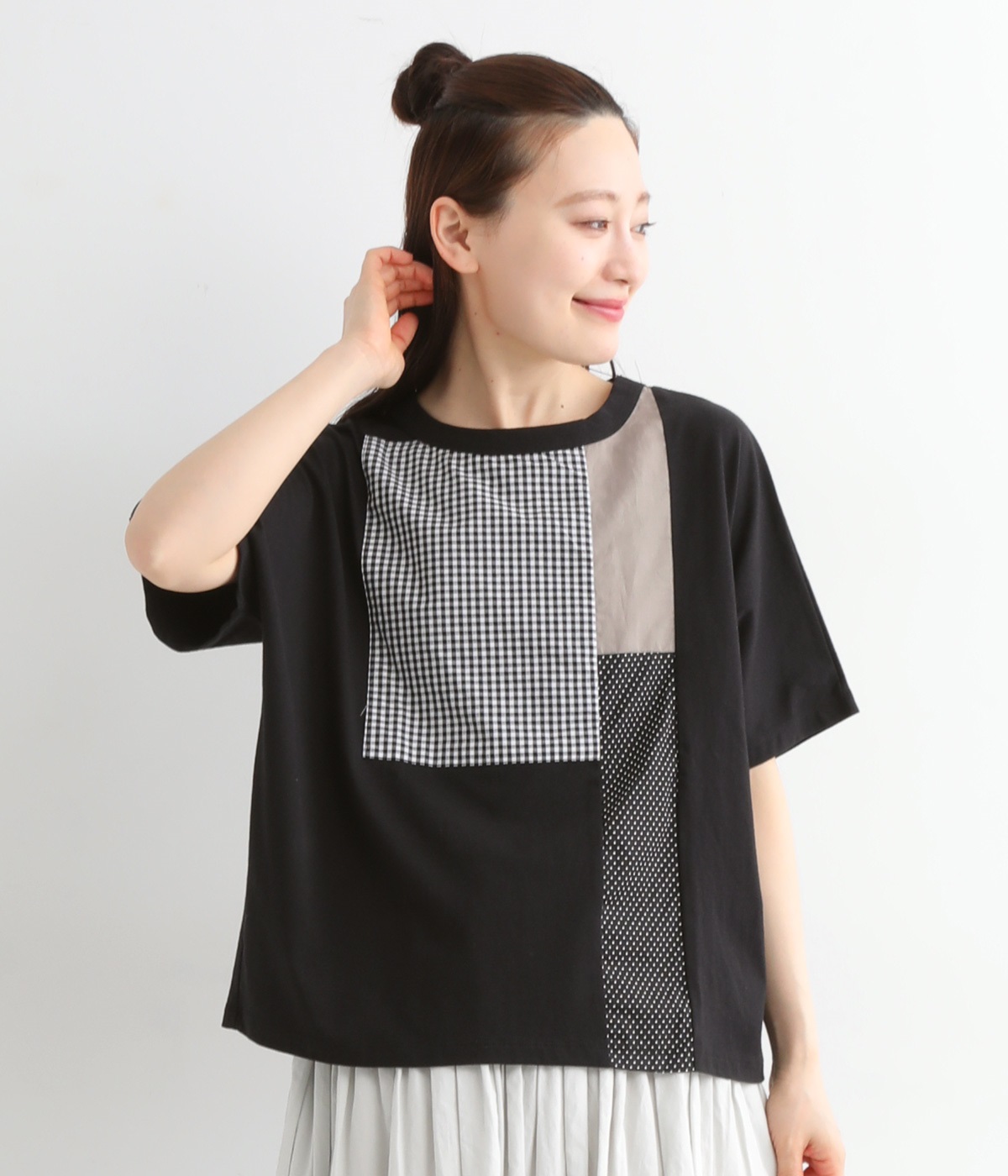 布帛使いパッチワークTシャツ(ブラック-ONESIZE)