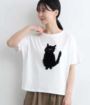 天竺　ねこシルエットフロッキープリントTシャツ