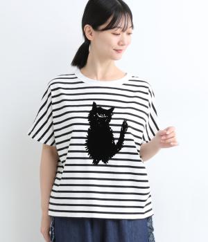 天竺　ねこシルエットフロッキープリントTシャツ(ボーダー-ONESIZE)