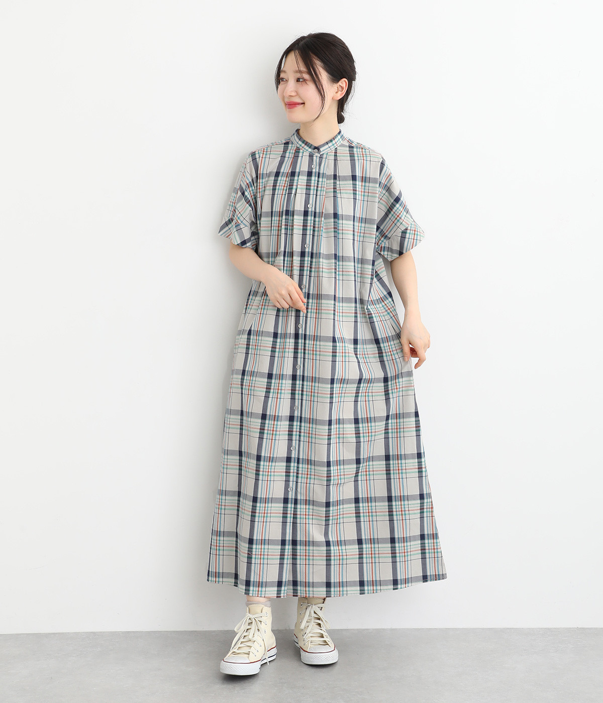 マドラスチェックドルマンワンピース(グレージュ-ONESIZE)