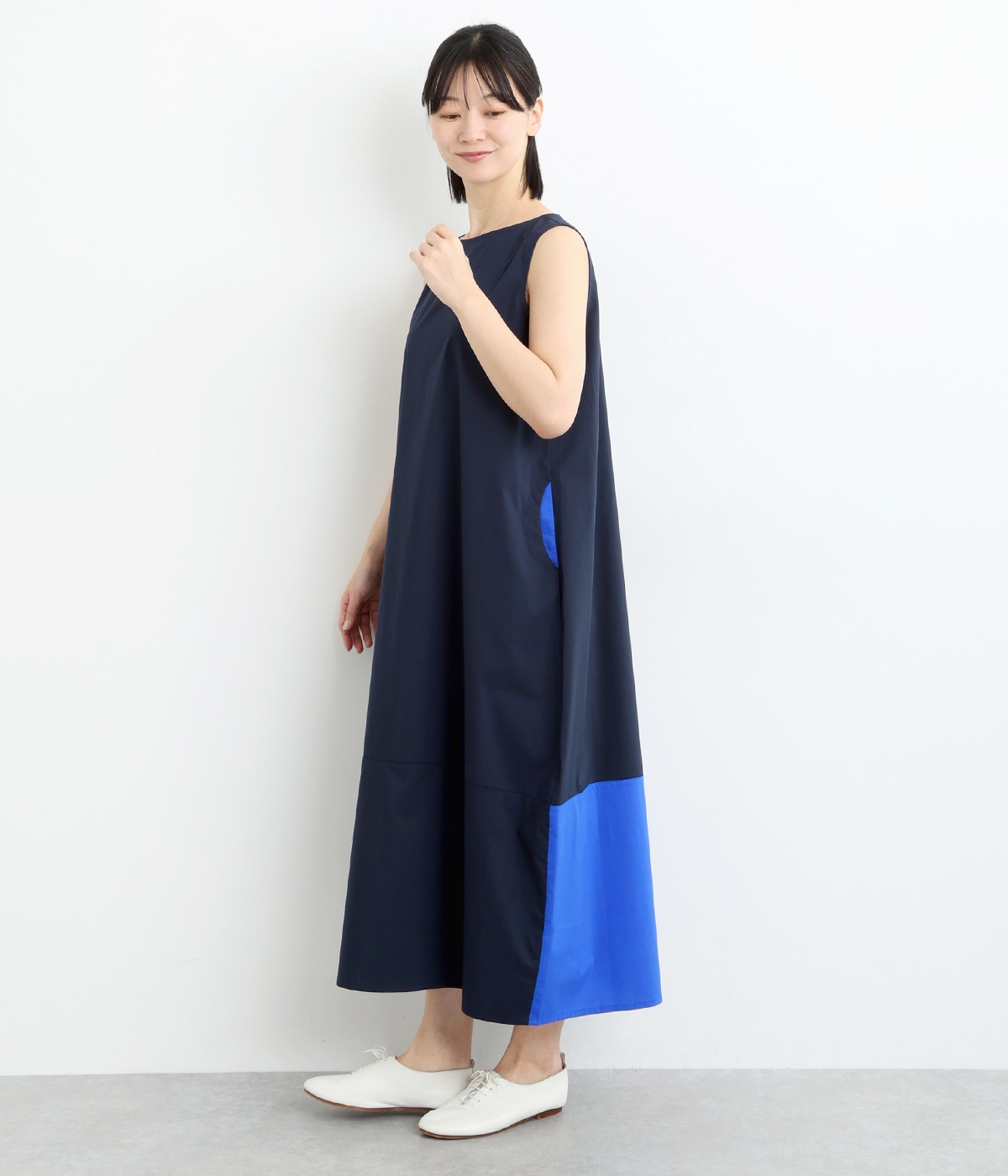 バックヘム配色コクーンワンピース(ネイビー-ONESIZE)