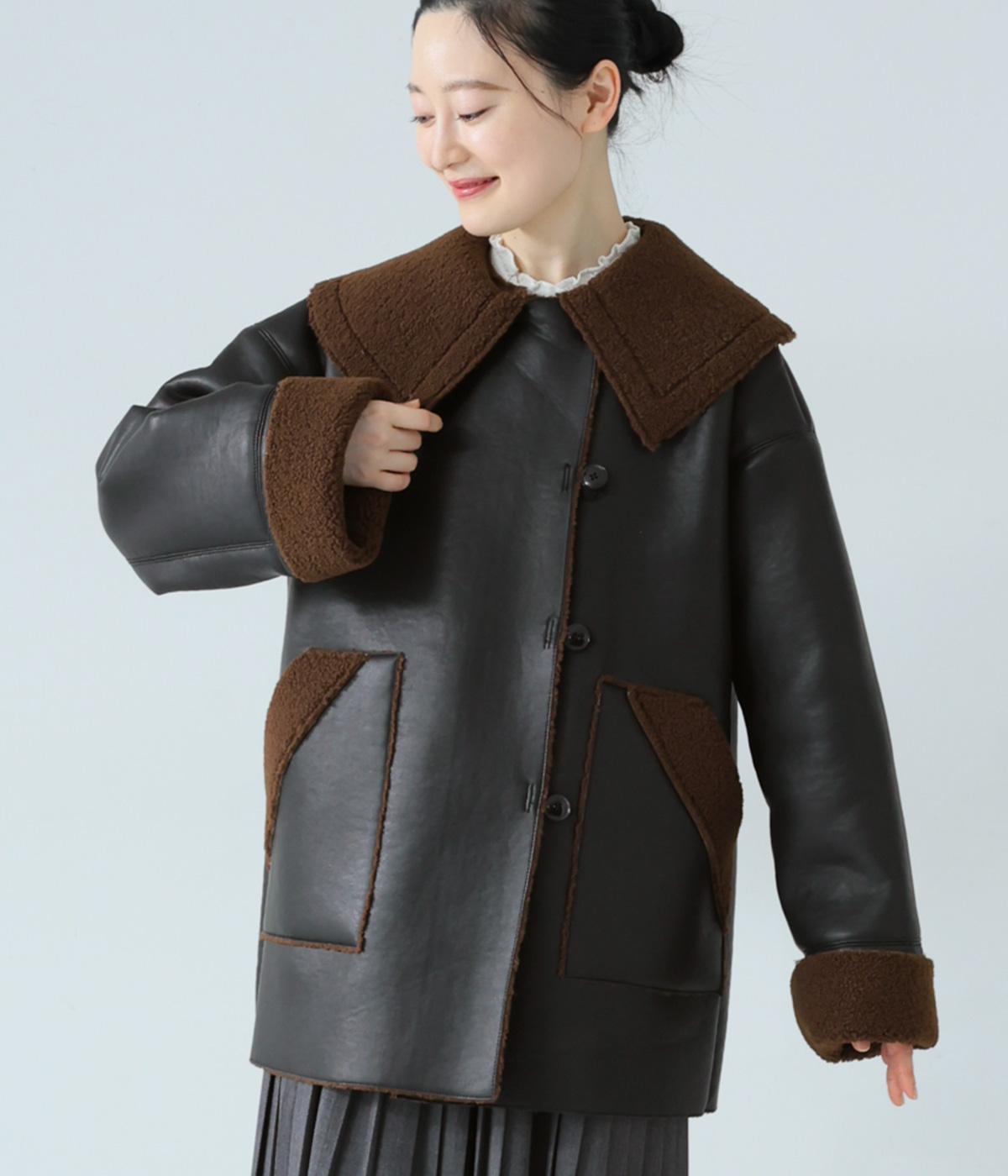 フェイクレザー×ボアボンディング　ビッグカラーボンバージャケット(ブラック-F)