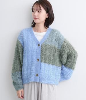 カラーブロックカーディガン(ブルー-F)