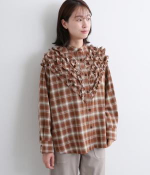 フロントフリルチェックシャツ(ブラウン-F)