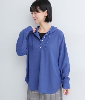 ヘンリーネックフーディトップス(ブルー-F)
