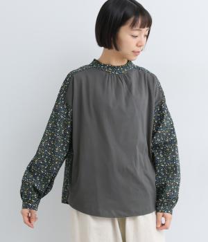 2wayスタンドフリル布帛使いトップス(ダークグレー-F)