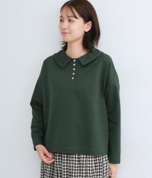 フラットカラー並びボタン長袖トップス(ダークグリーン-F)